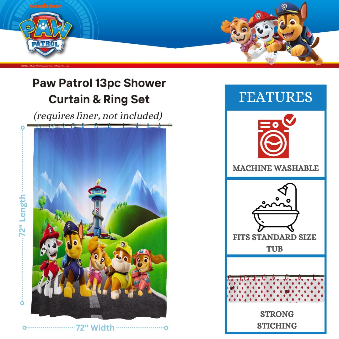 Franco Nickelodeon Paw Patrol 13 Piece Shower Curtain And Ring Set, (100% Officially Licensed Product)